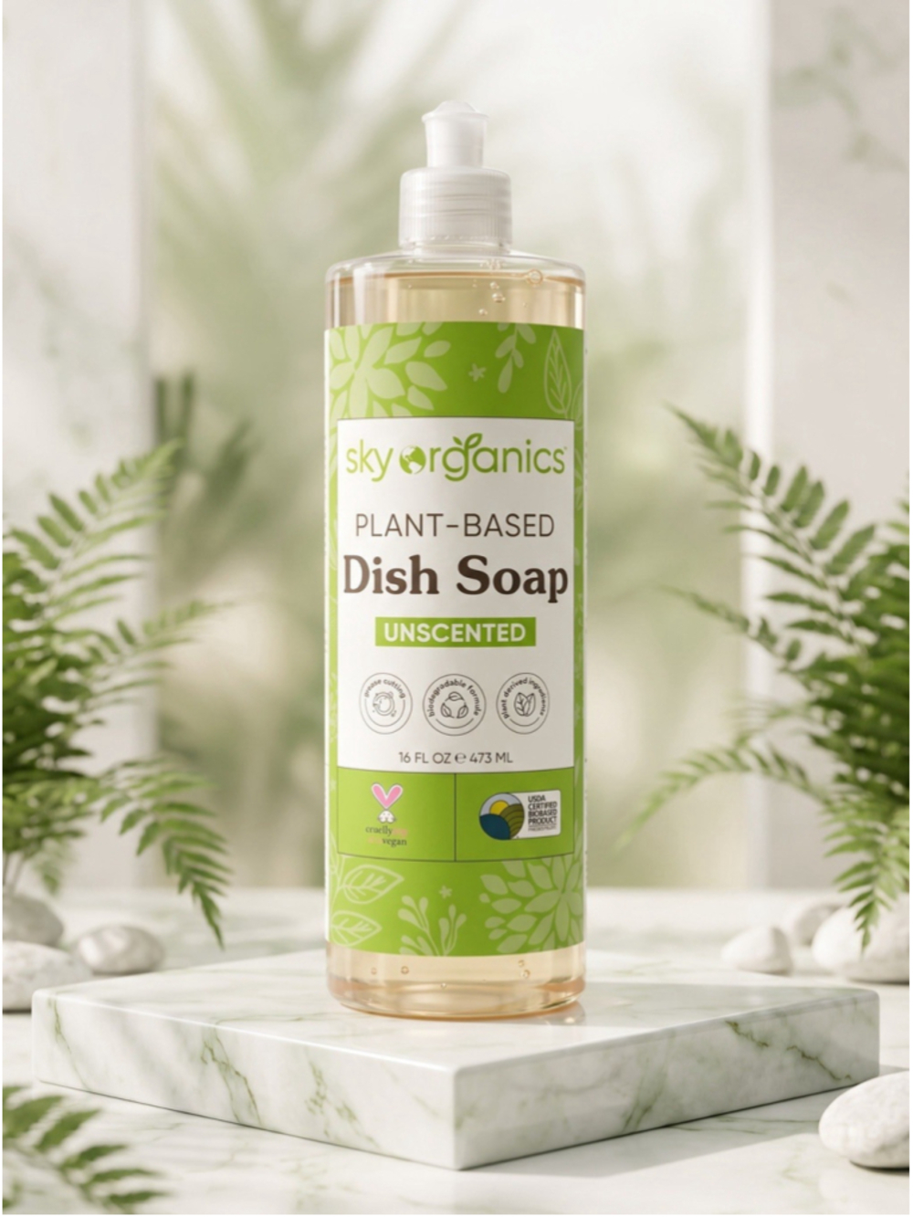Sky Organics Plant-Based Vegan Unscented Dish Soap, 16 fl oz New